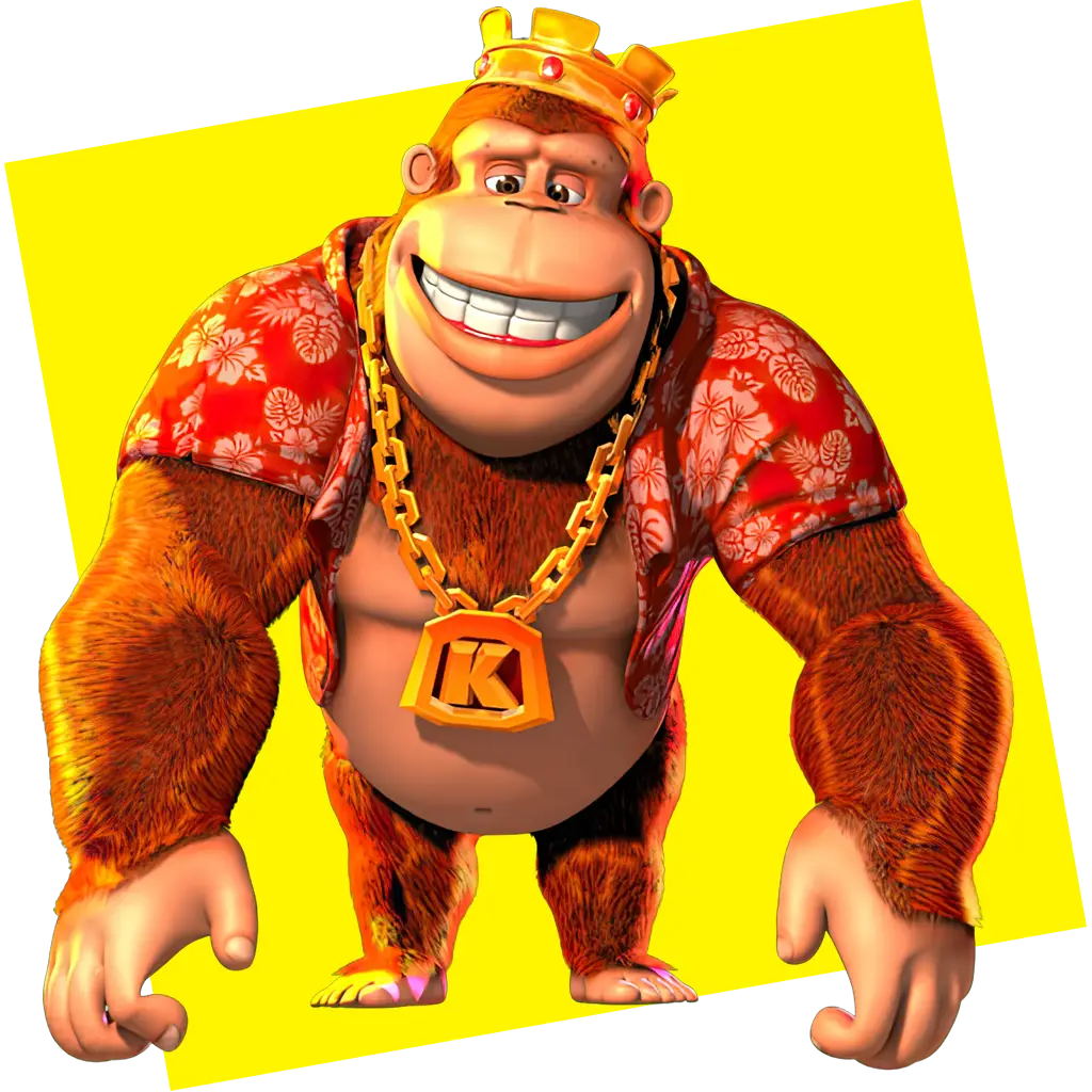 A cartoon gorilla wearing a crown, floral shirt, and gold chain with a K pendant stands smiling against a tilted yellow background, ready for Kong’s even bigger bananas adventure.