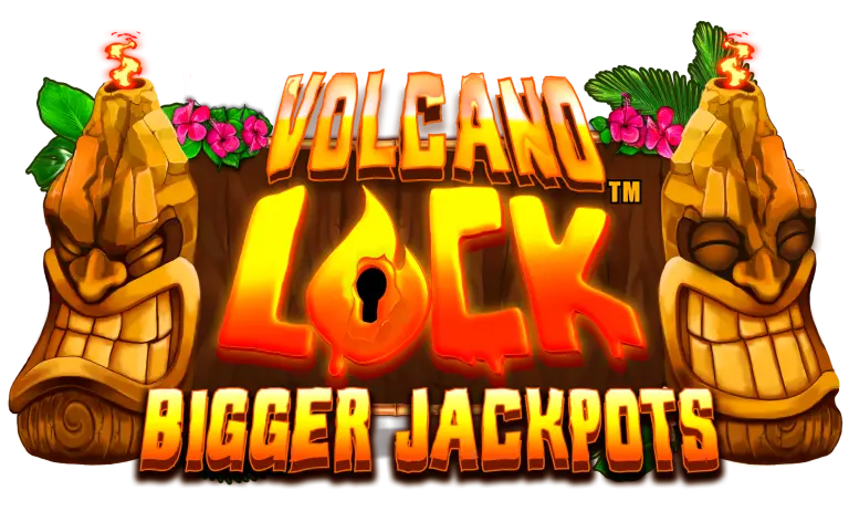 Logo for Volcano Lock Bigger Jackpots featuring large, fiery letters against a wooden background, adorned with tropical flowers and leaves. Two smiling tiki statues stand proudly on each side, capturing the excitement and energy of a Class 3 gaming experience.