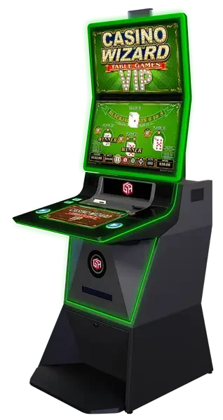 A black and green casino slot machine with a glowing green outline stands out among the sleek cabinets on the gaming floor. Its screen displays Casino Wizard and various card game graphics, while a touchscreen control panel offers an interactive experience.