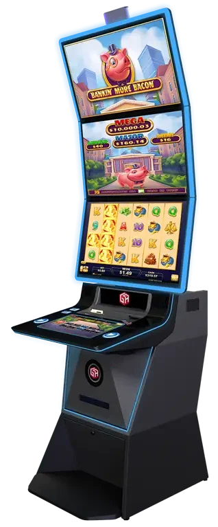 A tall, modern slot machine with sleek cabinets features a pig-themed game called Bringing Home the Bacon displayed on a bright, colorful screen, showcasing vibrant game icons and intuitive controls.