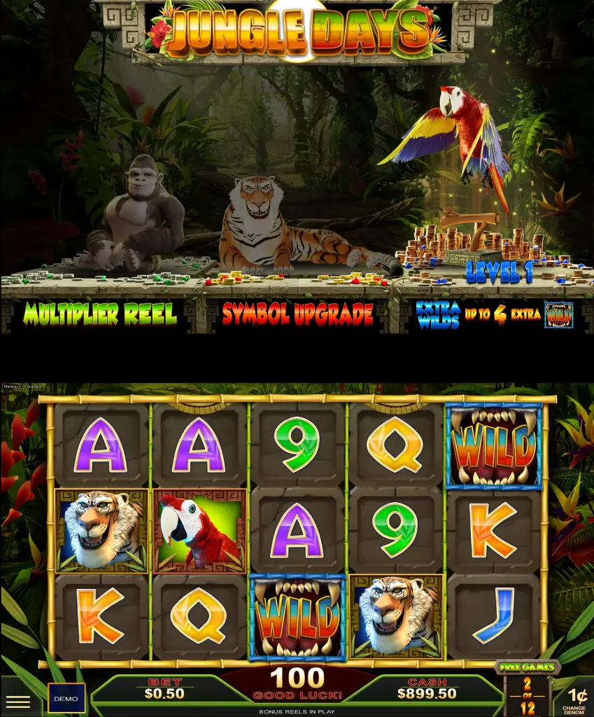 A colorful jungle-themed slot machine game screen with animals like a tiger, gorilla, and parrot. Symbols, reels, and bonus features are displayed in a lush forest background.