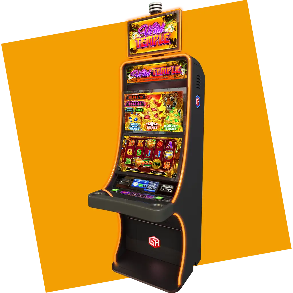 A modern slot machine titled Wild Temple with bright lights and a tiger graphic on the screen, housed in sleek cabinets, standing against an orange tilted square background.