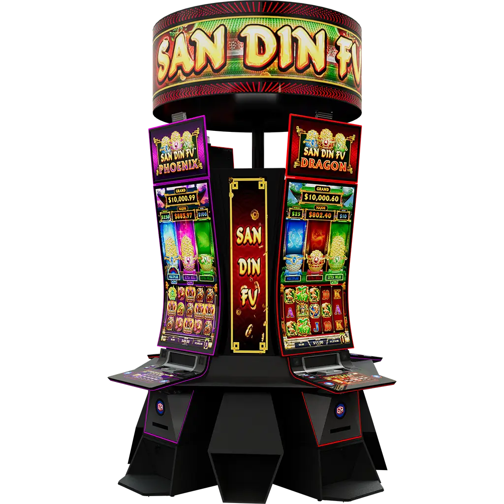 A four-sided casino slot machine display with colorful screens showcasing “San Din Fu” games, featuring vibrant themes like Phoenix and Dragon, dazzling lights, and prominently displayed jackpot amounts.