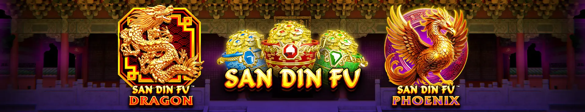 Golden dragon and phoenix illustrations flank the text San Din Fu, with three ornate lion heads above it, set against a background of a traditional Asian temple—capturing the majestic spirit and cultural heritage embodied by San Din Fu.