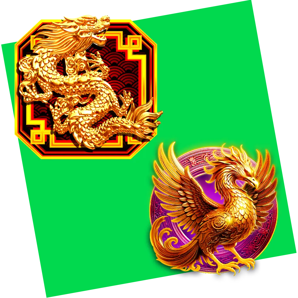 A golden dragon on a red patterned background and a golden phoenix with spread wings on a purple circle, both over a tilted bright green square, evoke the vibrant spirit of San Din Fu.