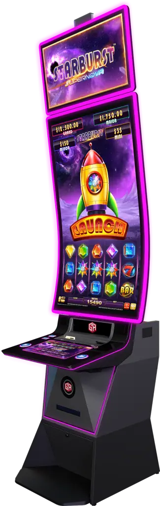 A modern slot machine with a curved screen displays the Starburst Power Nova game, featuring colorful gems, a rocket, and neon purple accents, with a touchscreen control panel at the front.