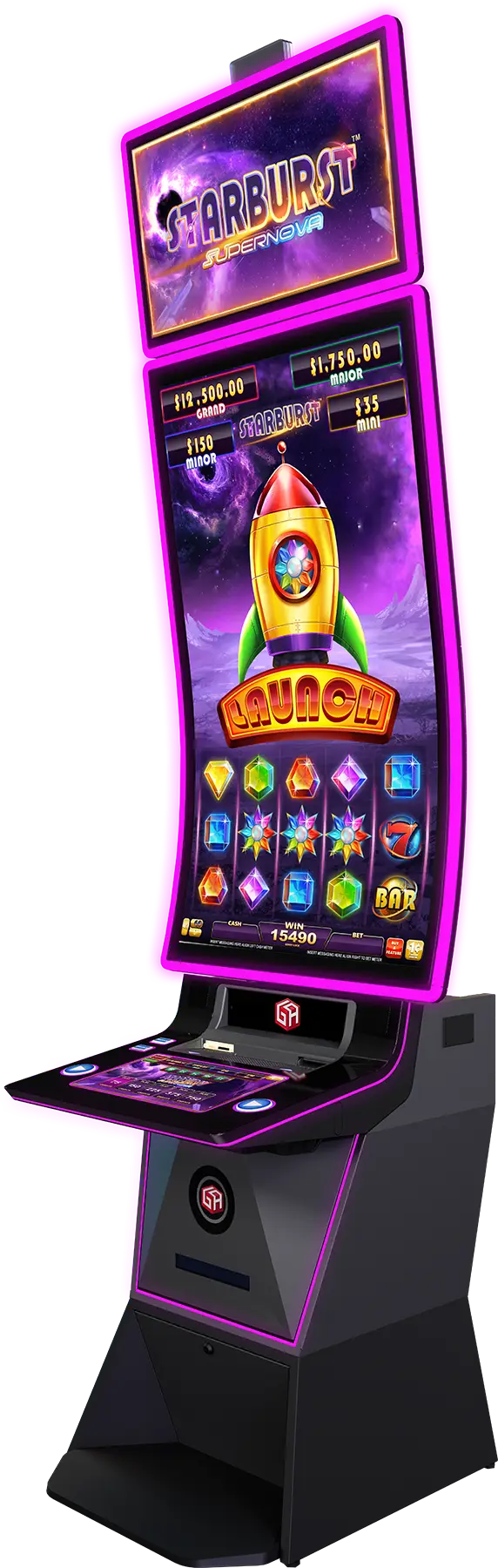 A modern slot machine with a curved screen displays the Starburst Power Nova game, featuring colorful gems, a rocket, and neon purple accents, with a touchscreen control panel at the front.