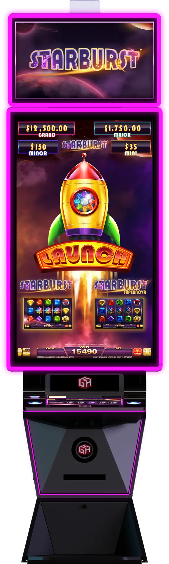 A Starburst-themed slot machine, featuring a colorful rocket launch and dazzling neon lights. The screen displays jackpot amounts and game symbols inspired by the iconic Starburst style. The cabinet is black with purple accents, creating a vibrant and exciting atmosphere for players.