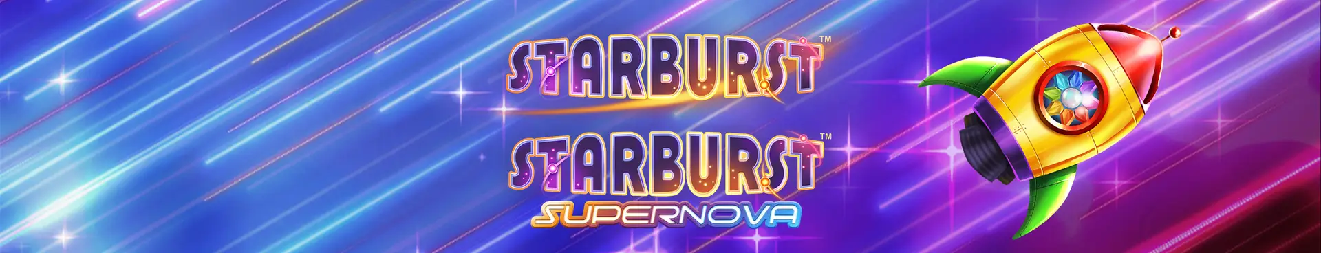 Colorful image with two Starburst logos, one including Supernova, set against a vibrant background of streaking light beams. On the right, a cartoon rocket with green fins flies across the scene, adding extra excitement to this dynamic Starburst-themed illustration.