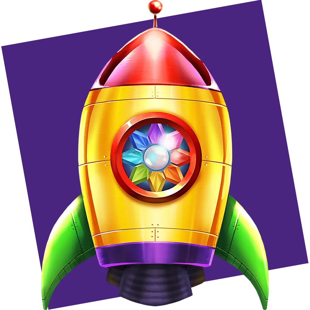 A colorful cartoon rocket with green fins, a red top, and a rainbow-like circular gem in the center, set against a tilted purple square background with a vibrant starburst effect radiating behind it.