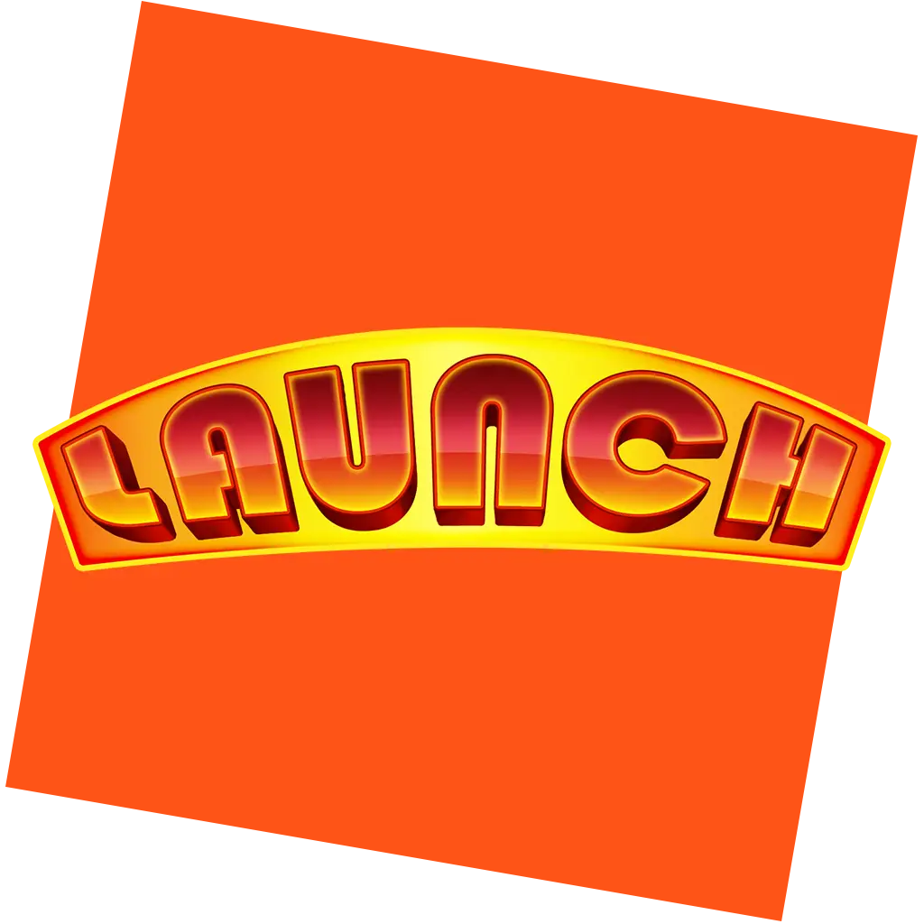 The word LAUNCH in bold, stylized yellow and red letters bursts forth on a bright orange tilted square background, reminiscent of a vibrant Starburst effect.
