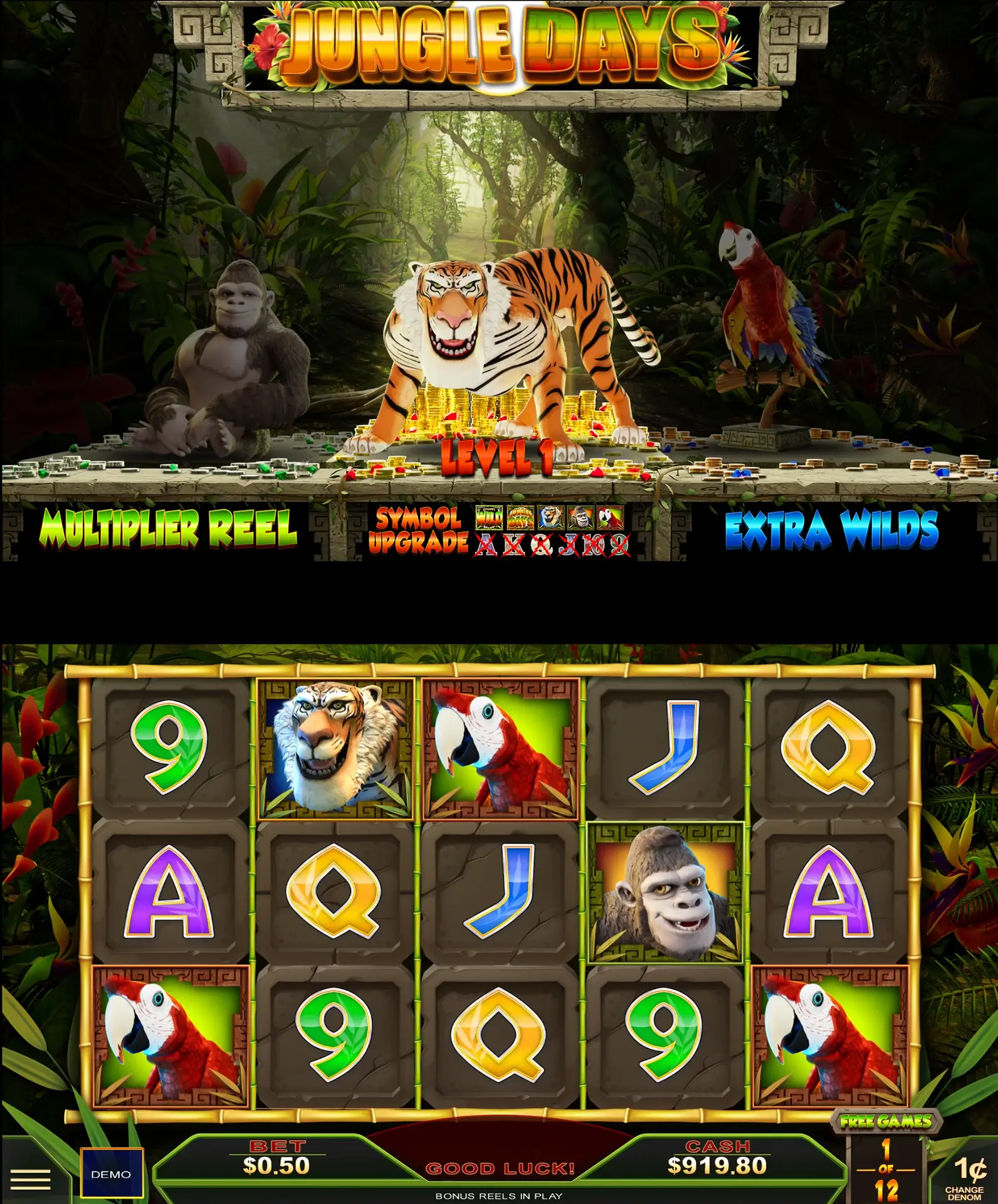 Slot game screen with jungle theme, featuring a tiger, gorilla, and parrots. The game title Jungle Days is at the top, evoking the untamed spirit of Jungle Rising, with dynamic game reels, symbols, and multipliers displayed below. Balance and bet amounts are presented clearly at the bottom.