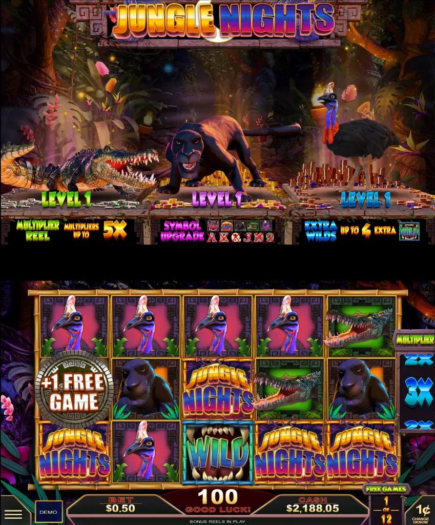 Colorful Jungle Nights slot game screen with panthers, birds, and crocodiles shown on spinning reels, wild symbols, multipliers, and bonus features highlighted, with a vibrant jungle background and glowing effects.