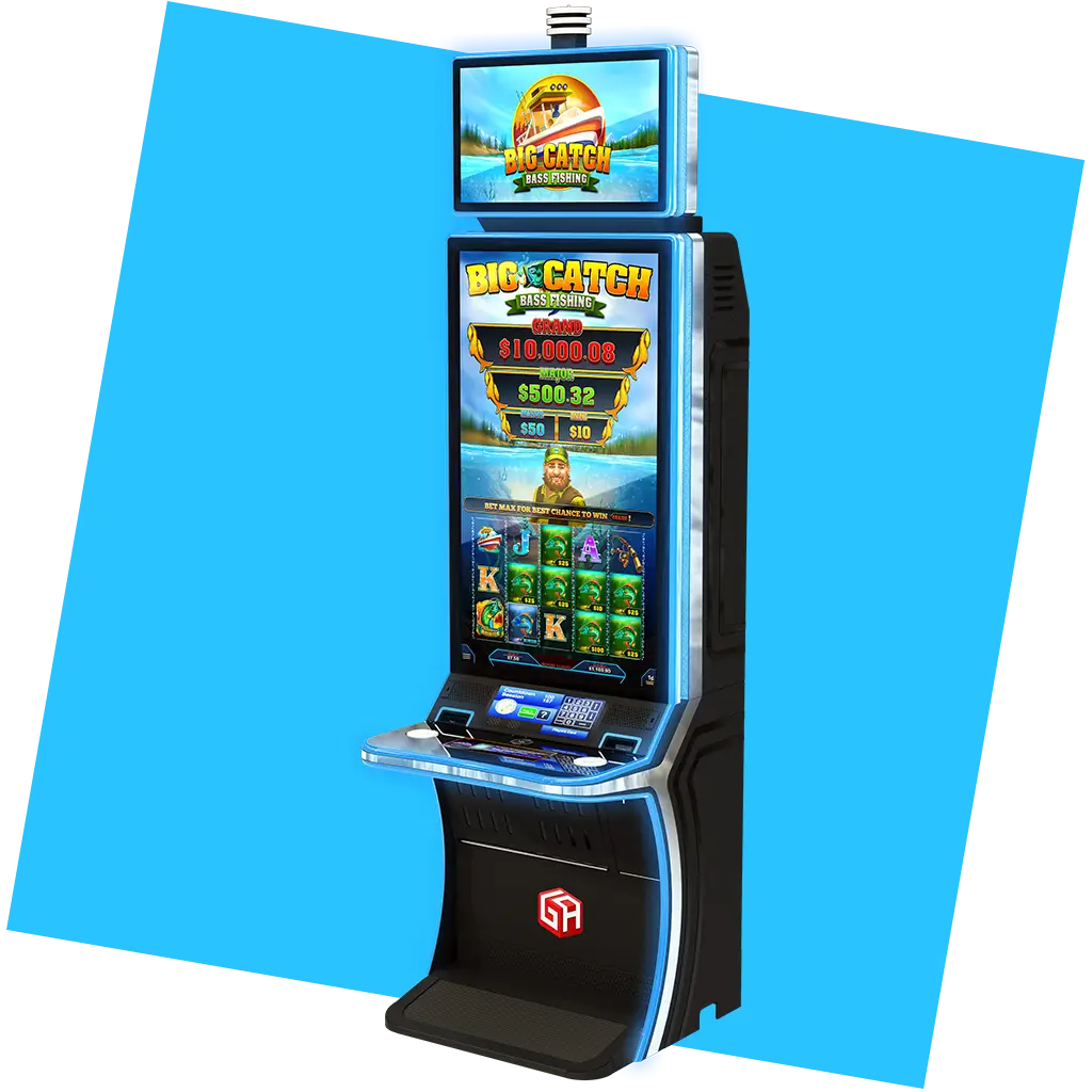 A modern slot machine with a digital screen displaying a fishing-themed game called Big Catch. The cabinets feature vibrant lights and buttons, all set against a blue background.