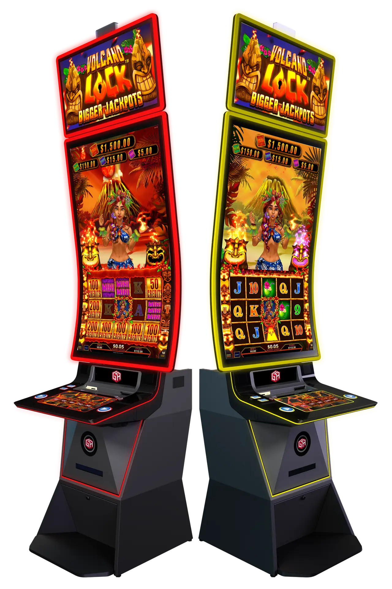 Two colorful Volcano Lock slot machines stand side by side, each with a large curved screen displaying vibrant game graphics, flashing lights, and jackpot amounts—capturing the thrill and excitement of classic casino slot games.