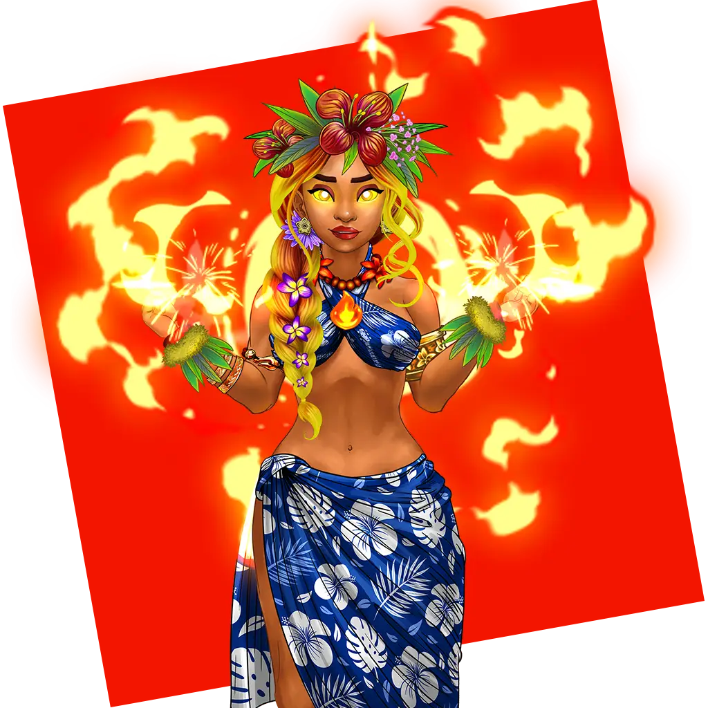 A woman in a blue floral wrap and flower crown conjures glowing yellow-orange magic from her hands, with a fiery aura behind her on a red background, capturing the thrilling energy of casino slot games.