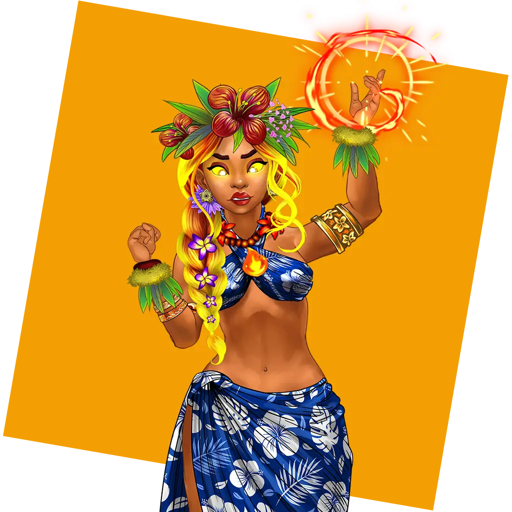 A woman with golden hair, floral crown, and tropical attire conjures a glowing magical ring with her raised hand against an orange background—all in the vibrant, enchanting style of casino slot games.