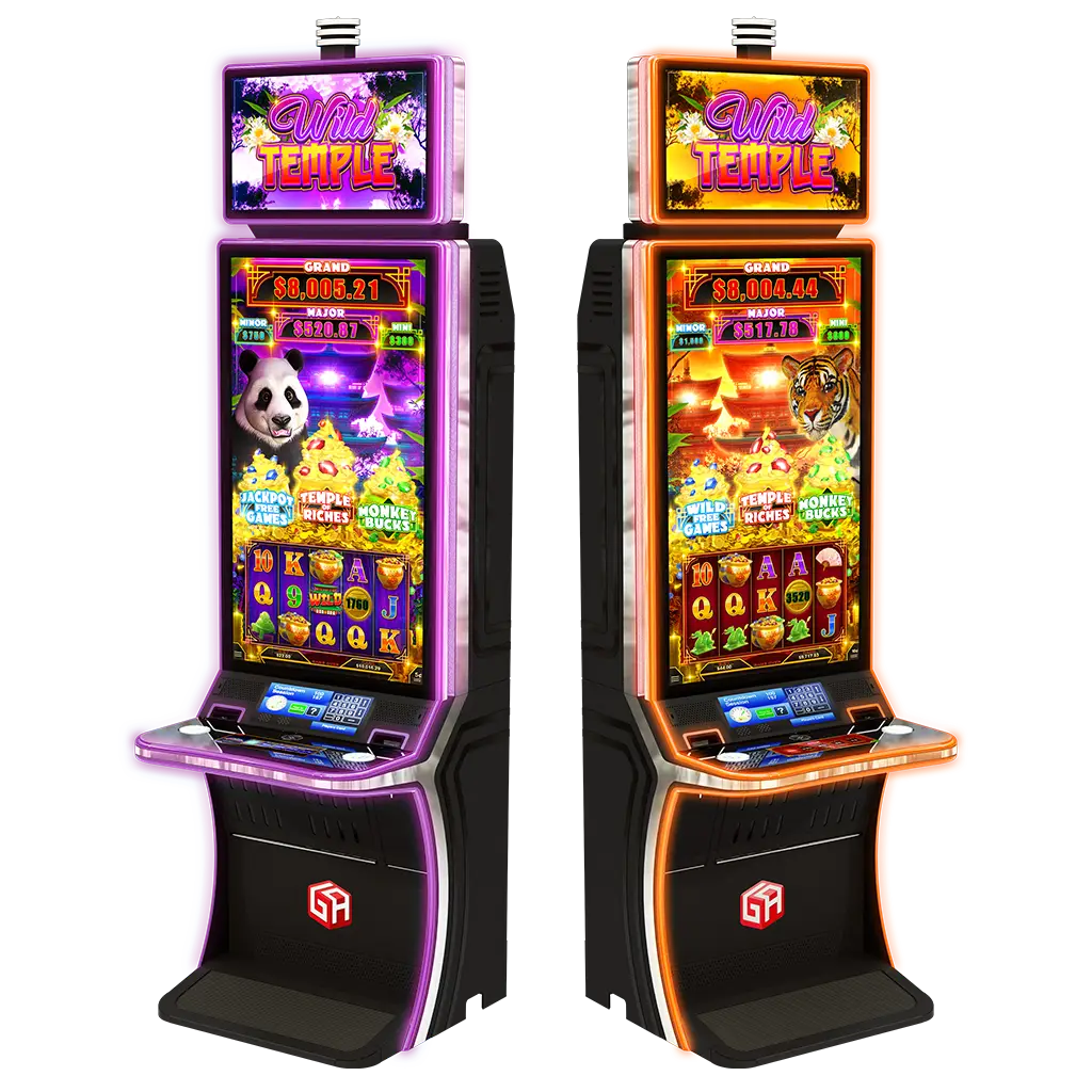 Two tall slot machines with colorful screens—both proudly labeled Wild Temple—stand side by side. One features a panda and striking purple trim, while the other showcases a tiger with vibrant orange accents. Each Wild Temple machine displays enticing jackpot amounts and an array of engaging game symbols.