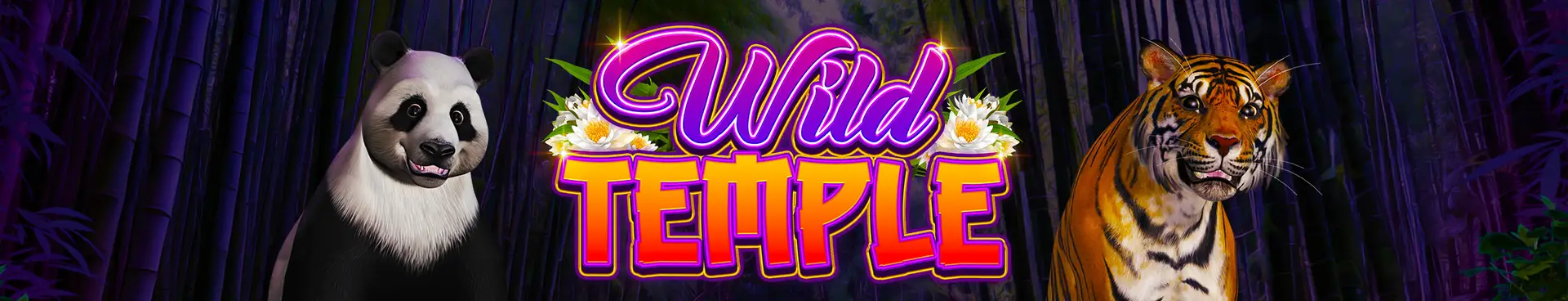 A vibrant neon Wild Temple sign is centered between a panda on the left and a tiger on the right, set against a dark bamboo forest background adorned with delicate white flowers.