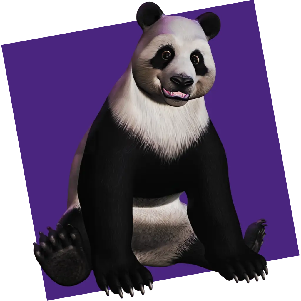 A smiling, cartoon-style giant panda sits with its legs spread on a purple background, facing forward, as if guarding the entrance to a Wild Temple.