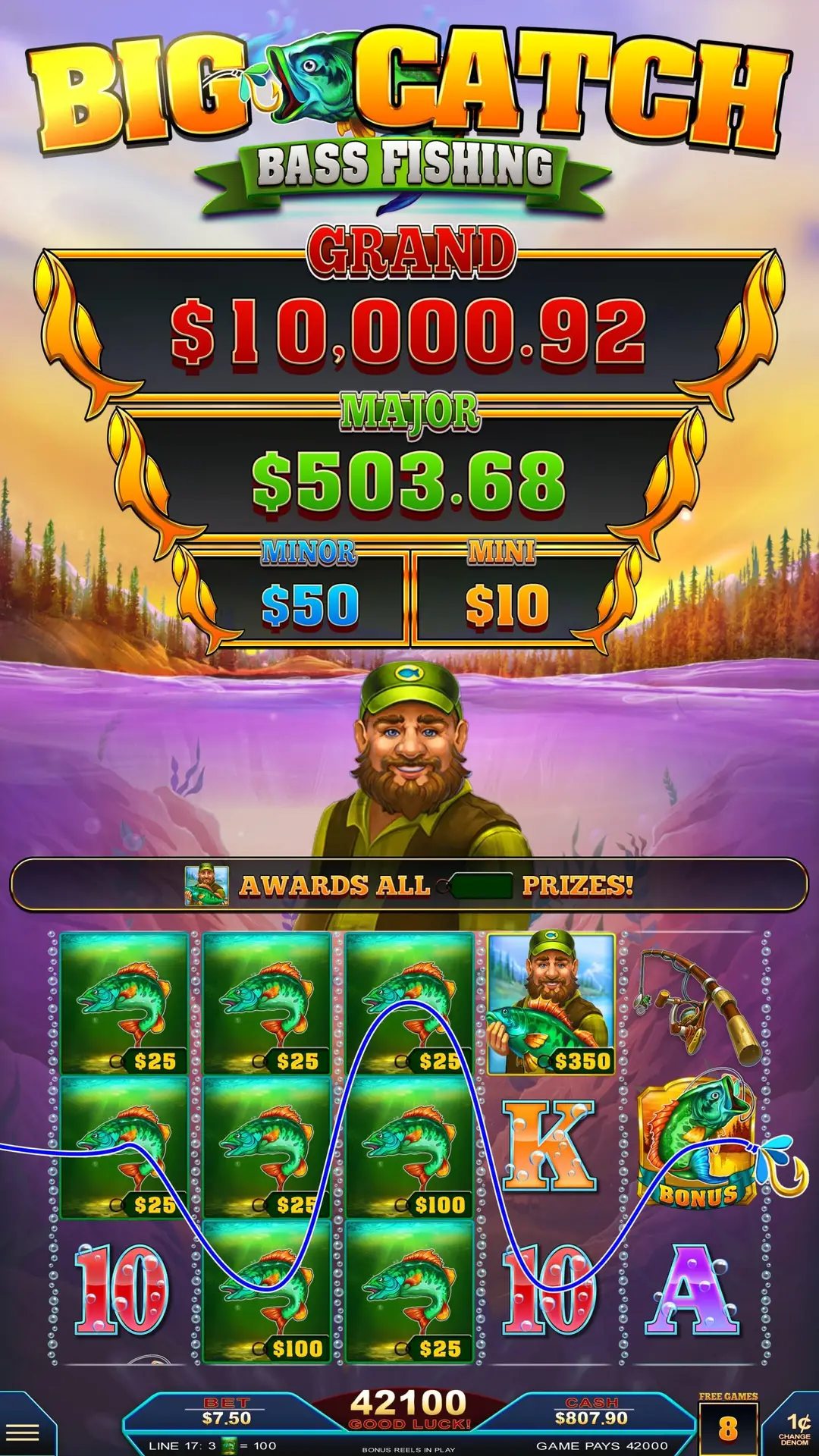 Colorful fishing slot game screen showing “Big Catch Bass Fishing” with grand prize $10,000.92, major $503.68, and vibrant reels featuring fish, a fisherman, and bonus icons. The win line highlights several Big Catch Bass Fishing symbols for exciting payouts.