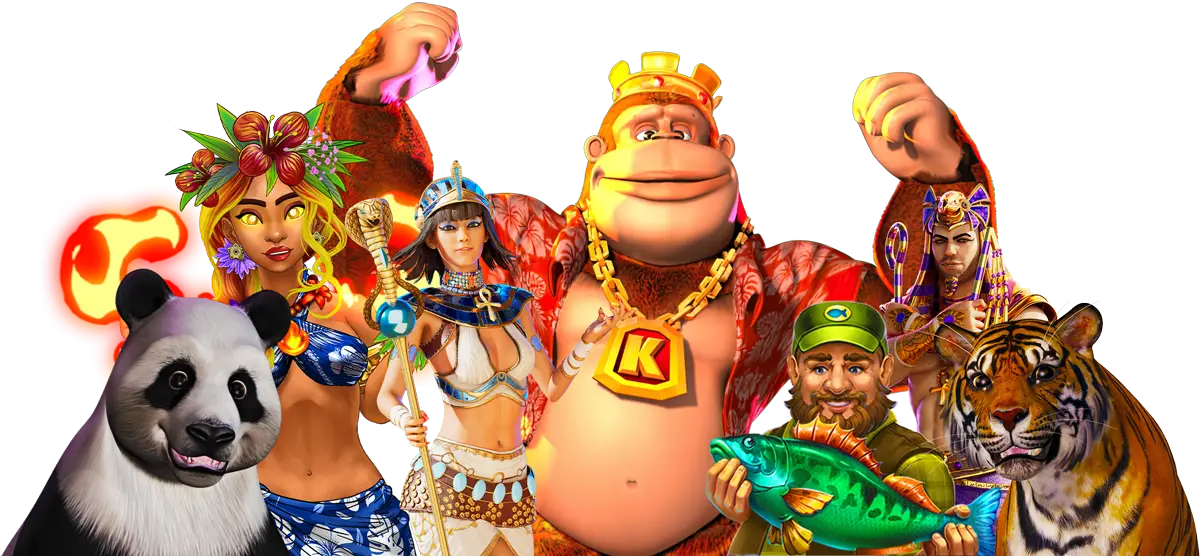 A panda, a woman with fruit on her head, an Egyptian queen, a large gorilla with a crown, a leprechaun holding a fish, an Egyptian pharaoh, and a tiger stand together in a colorful lineup inspired by the excitement of modern casino gaming technology.