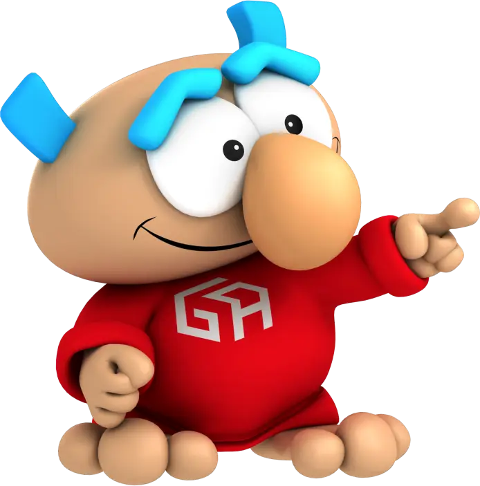 Cartoon character with a large nose, blue eyebrows, and a red shirt with a white GA logo, smiling and pointing to the right—an inviting mascot perfect for promoting exciting casino gaming careers.