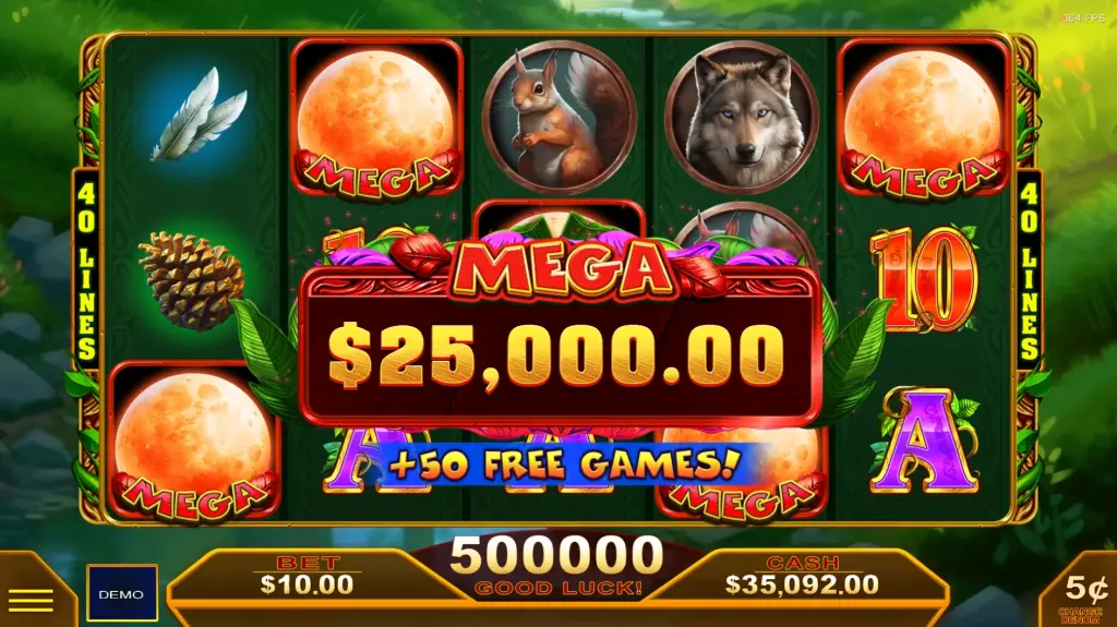 A slot machine game screen shows a $25,000 MEGA win, with animal symbols and three full moon MEGA symbols. The player also wins 50 free games. Bet is $10, cash is $35,092, and the display says Good Luck!.