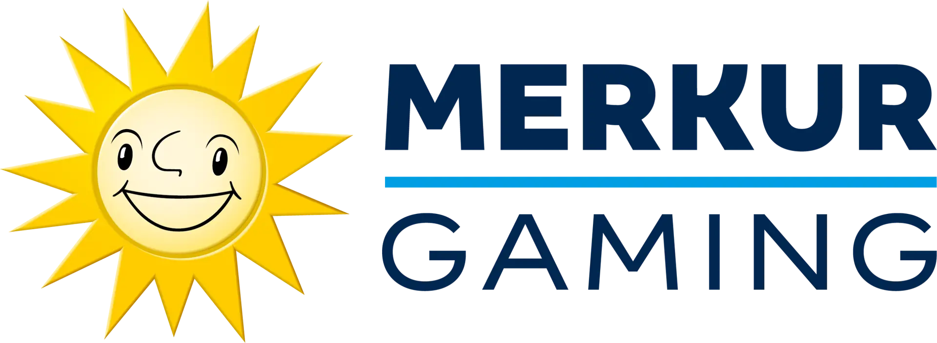 Merkur Gaming logo with a smiling sun illustration on the left and the words MERKUR GAMING in blue capital letters, separated by a horizontal blue line, representing the renowned Merkur Group known for its recent acquisition of Gaming Arts.