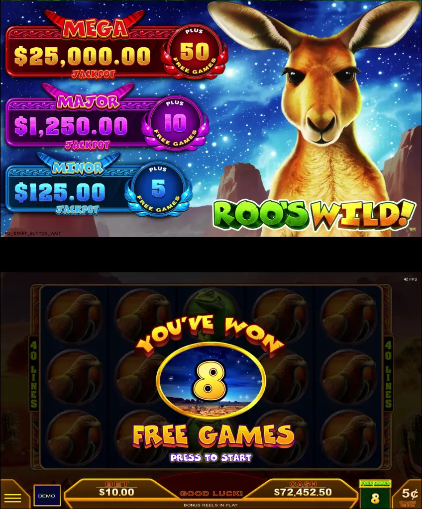 Slot machine game screen with a kangaroo and the title Roo’s Wild! Displays jackpots, free games won (8), and current bet info. The background shows the outback under a starry sky.