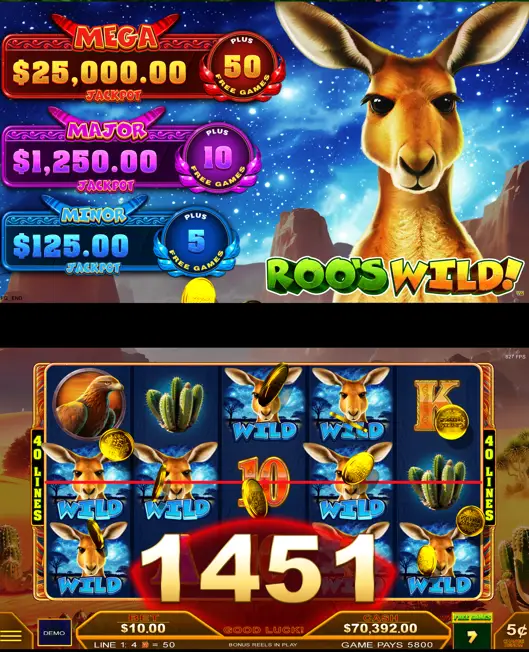 A kangaroo-themed slot machine game screen featuring Crazy Wilds, jackpots, game bonuses, and a winning score of 1451 with kangaroo and desert symbols on the reels.
