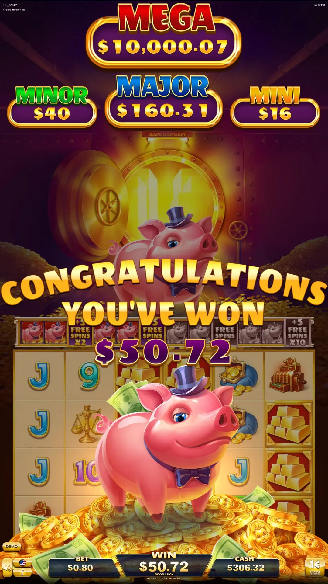 Colorful slot game screen with a pink pig in a top hat, gold coins, and “Congratulations You’ve Won $50.72”. Jackpot totals are displayed at the top: Mega $10,000.07, Major $160.37, Minor $40, Mini $16.