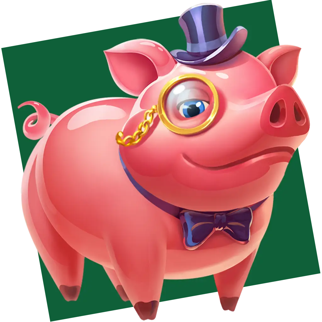 A cartoon pink pig wearing a monocle, top hat, and bow tie stands against a green background, looking cheerful and playful.