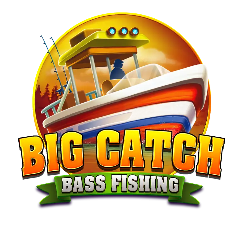 A colorful fishing logo shows a boat with a person bass fishing, set against an orange sunset. The words Big Catch Bass Fishing appear boldly below the boat, with a green ribbon detail.