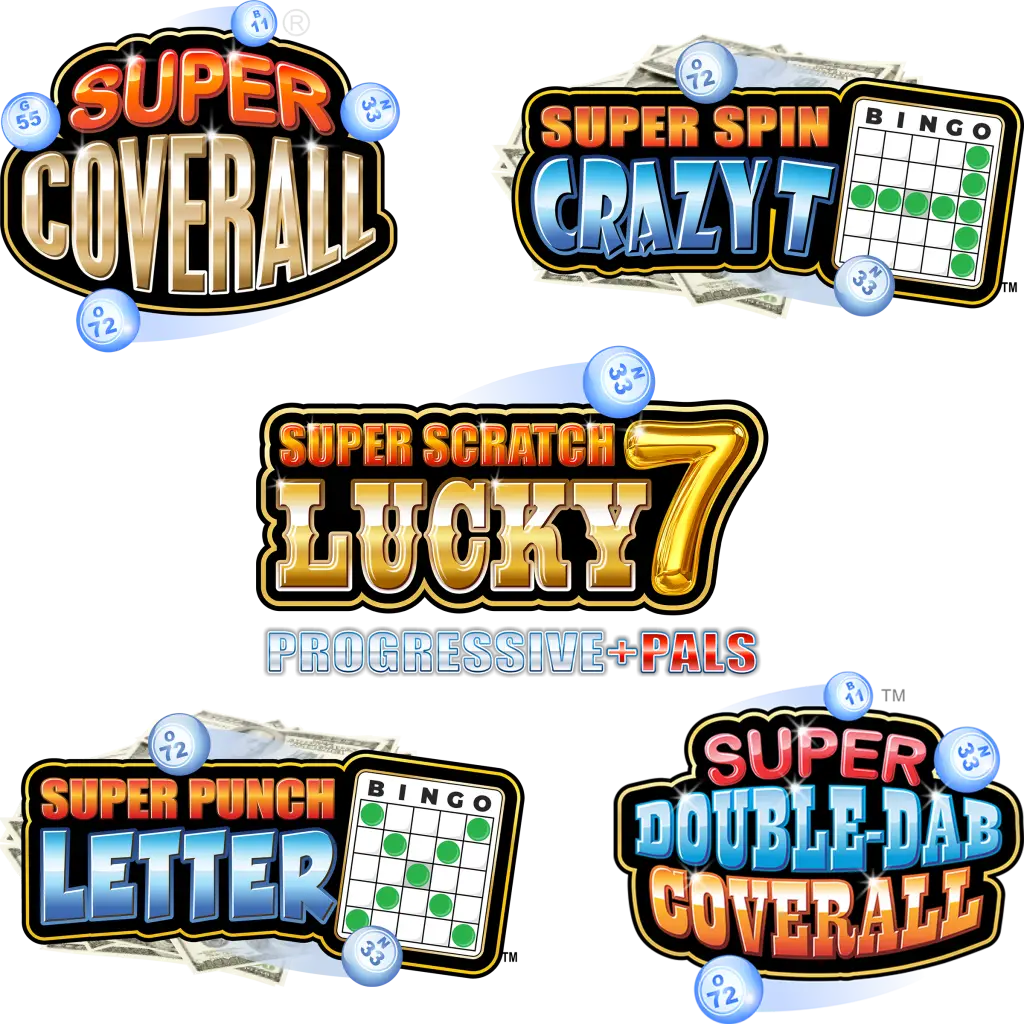 Five colorful bingo game logos, each with distinct text and icons, such as bingo balls and cards, arranged on a white background.