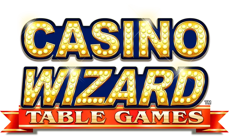 Casino Wizard Table Games logo with bold, gold letters outlined in blue and sparkling lights, set above a red ribbon banner.