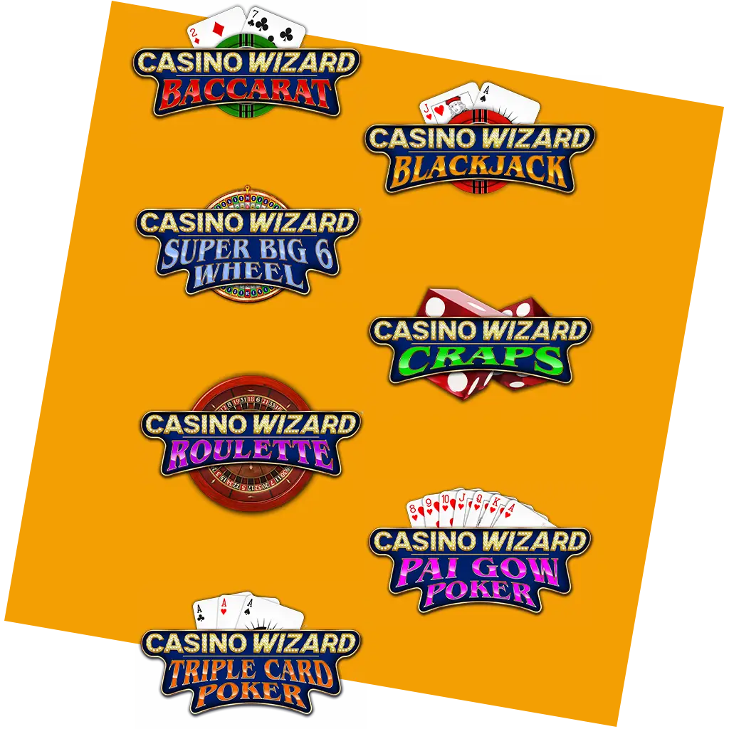 Seven casino game logos on an orange background, including Baccarat, Blackjack, Super Big 6 Wheel, Craps, Roulette, Pai Gow Poker, and Triple Card Poker. Each logo features related cards, wheels, or dice.