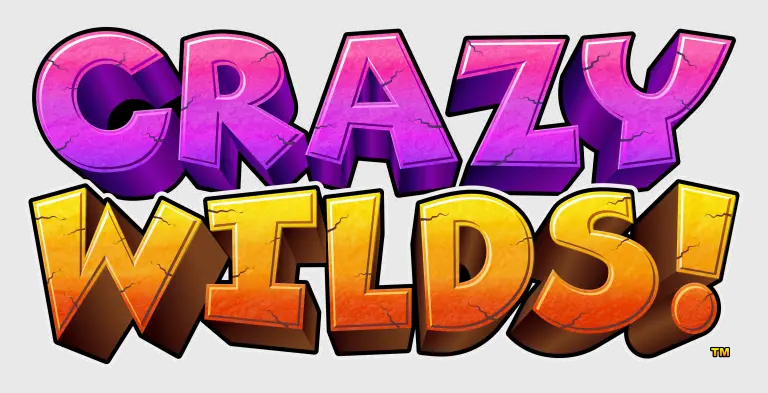 Bold, 3D cartoon letters spelling CRAZY WILDS! with CRAZY in pink and purple gradients and WILDS! in yellow and orange, on a light gray background.