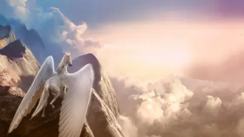 A white winged horse stands on a mountain peak, overlooking clouds and a glowing sky with soft sunlight breaking through, creating a dreamy, fantasy atmosphere.