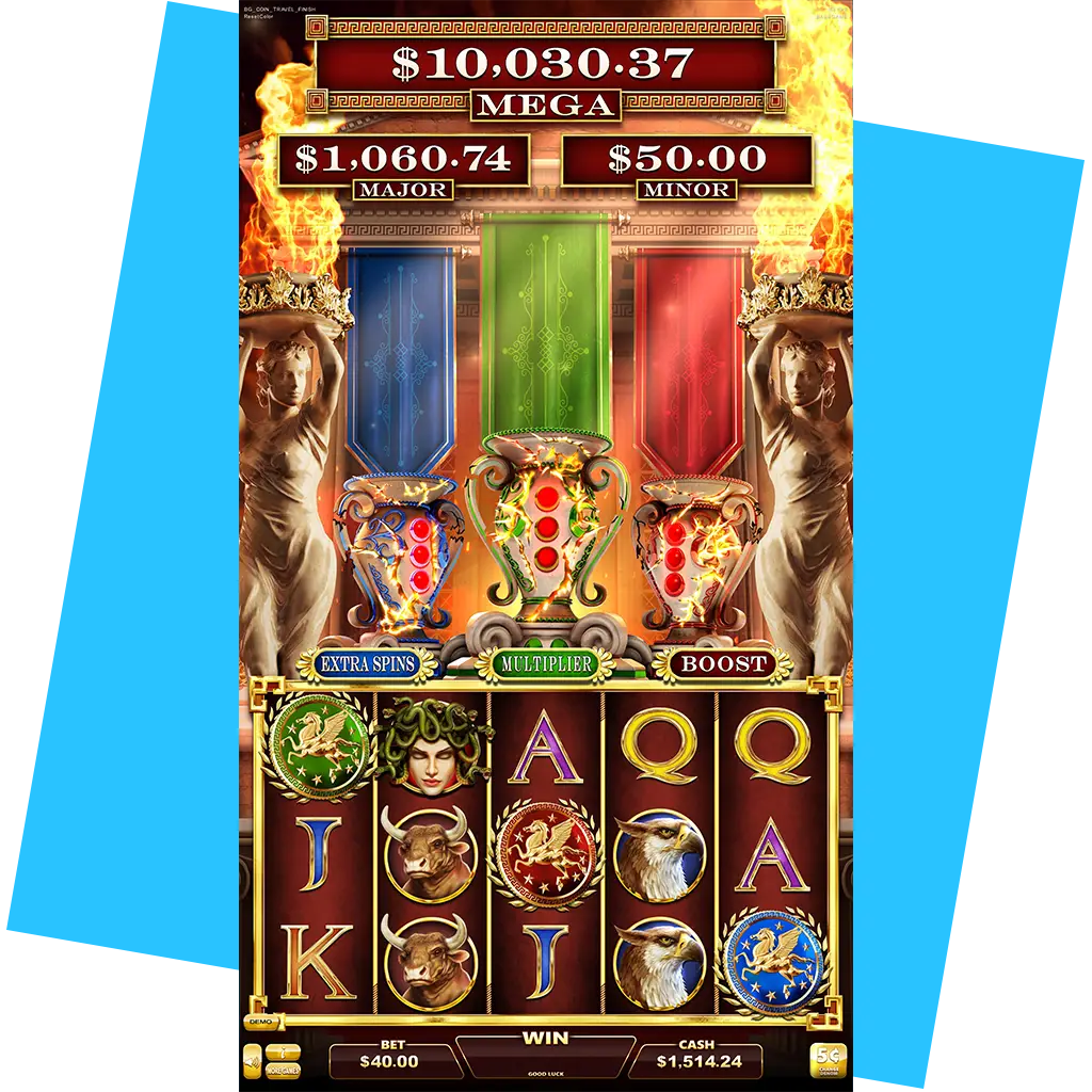 A digital slot machine game screen with Greek-themed symbols, three columns displaying bonus totals, and ornate gold statues on either side. The players bet, win, and cash amounts are shown at the bottom.