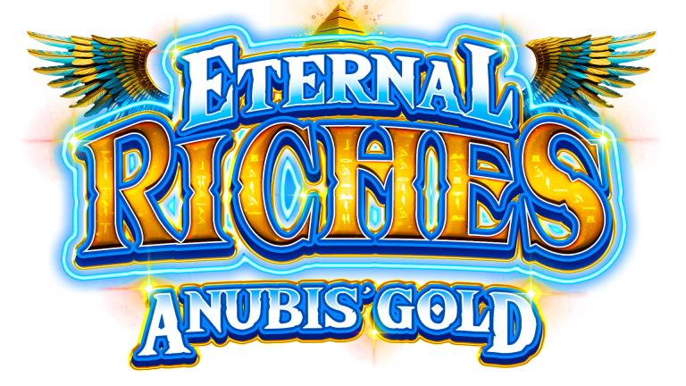 Logo for Eternal Riches: Anubis Gold in bold blue and gold letters, with wings and an Egyptian pyramid at the top, suggesting an ancient Egyptian theme.