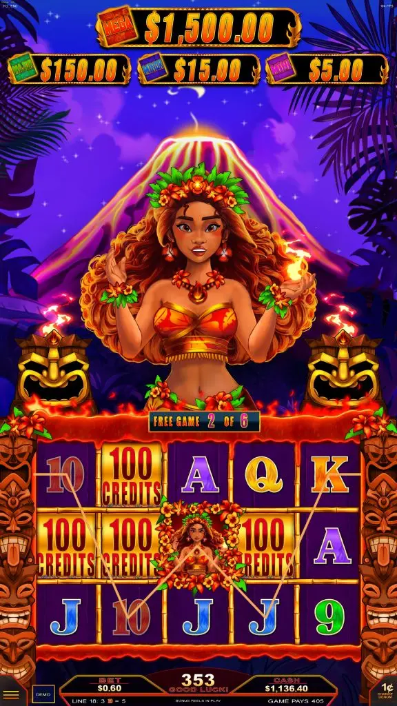 A vibrant slot machine game screen features a Hawaiian woman with flowers, tiki statues, game symbols, and prize amounts displayed at the top, with bright colors and tropical-themed decorations.
