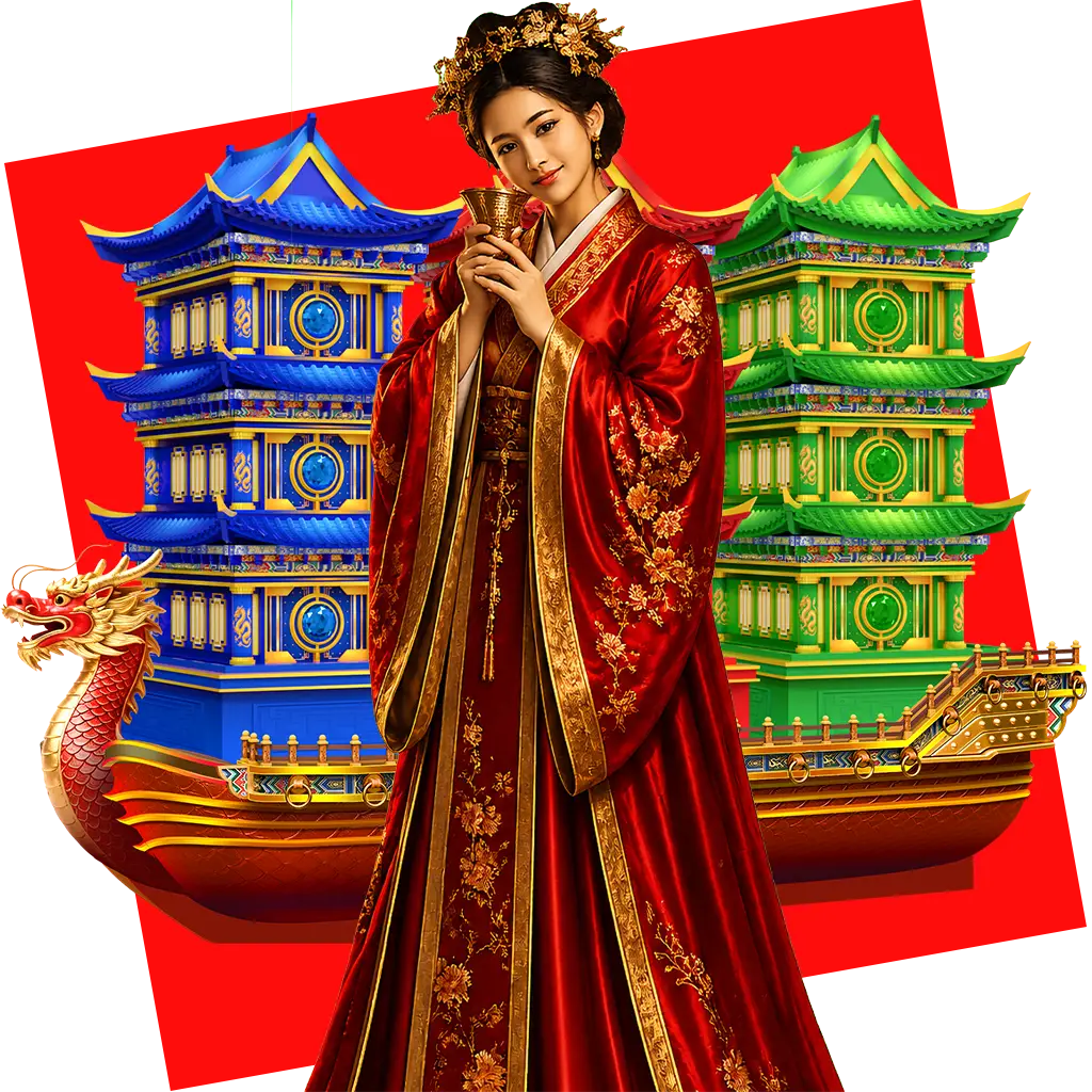 A woman in ornate red and gold traditional attire stands in front of colorful pagodas and a dragon boat, set against a bright red background.