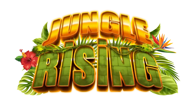 The words Jungle Rising in bold, orange and green letters with tropical leaves and flowers in the background.