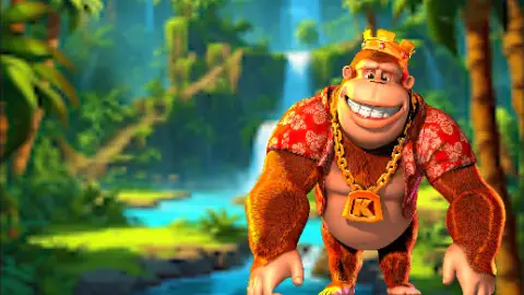 A cartoon gorilla with a gold crown, red Hawaiian shirt, and gold K necklace stands smiling in a vibrant jungle with a river and waterfall in the background.