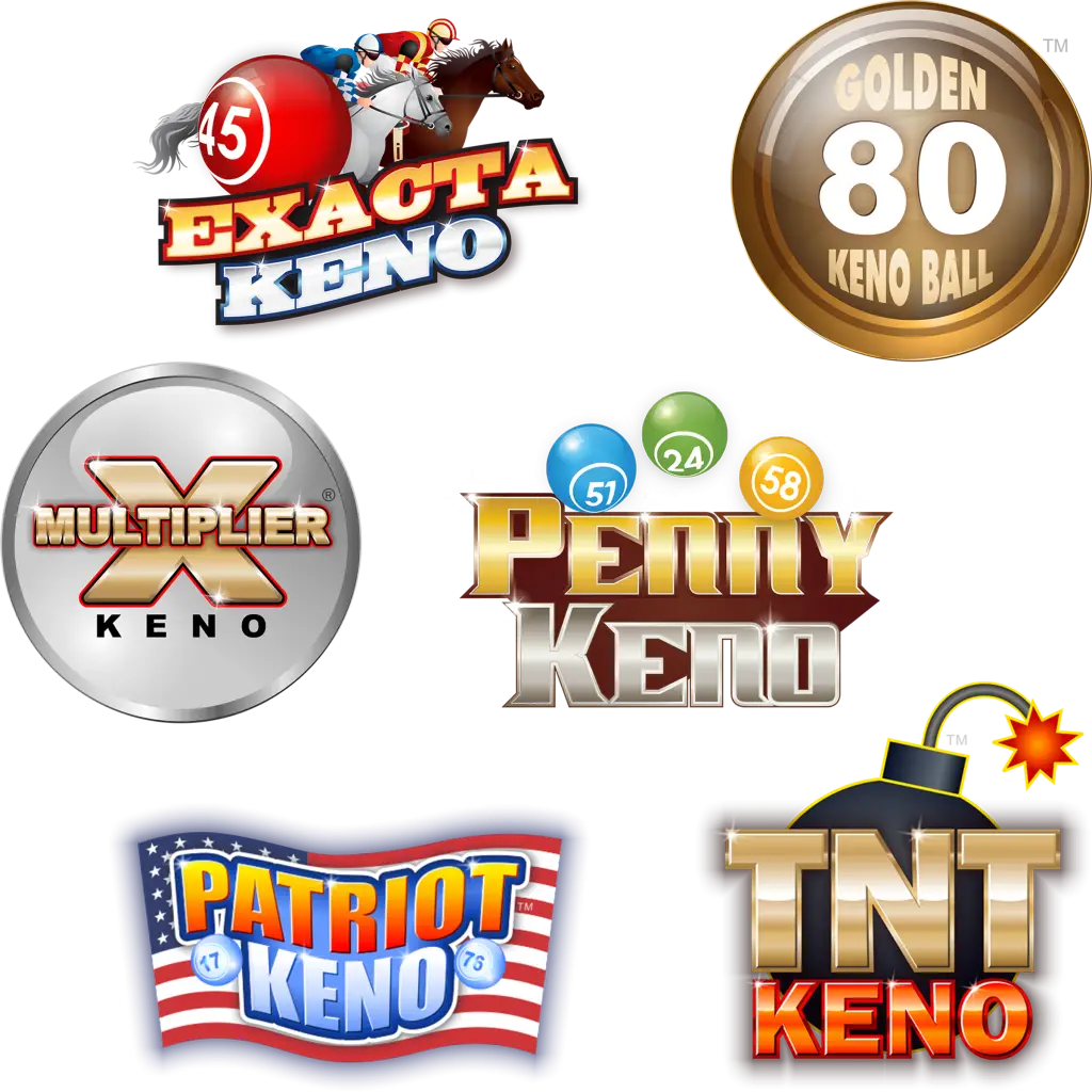Six colorful logos for different Keno games: Exacta Keno, Golden 80 Keno Ball, Multiplier Keno, Penny Keno, Patriot Keno with a flag, and TNT Keno with a bomb graphic.