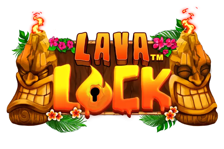 A colorful Lava Lock logo with Tiki heads, flames, flowers, and green leaves. The word LOCK features a keyhole inside the letter O with lava-like details.