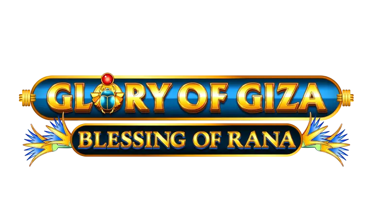 Logo with gold and blue text reading Glory of Giza above the GOG Blessing of Rana, decorated with a scarab, a red gem, and stylized blue and gold accents on each side—a striking design reminiscent of a MOD EX J55 C3 Cut Sheet aesthetic.