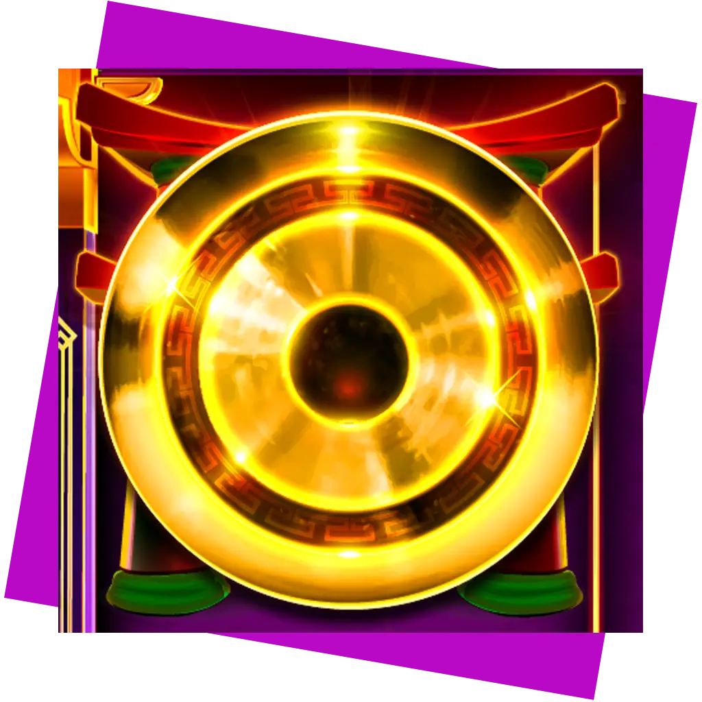 A shiny golden gong with a red and gold decorative frame, set against a bright purple background with angular shapes.