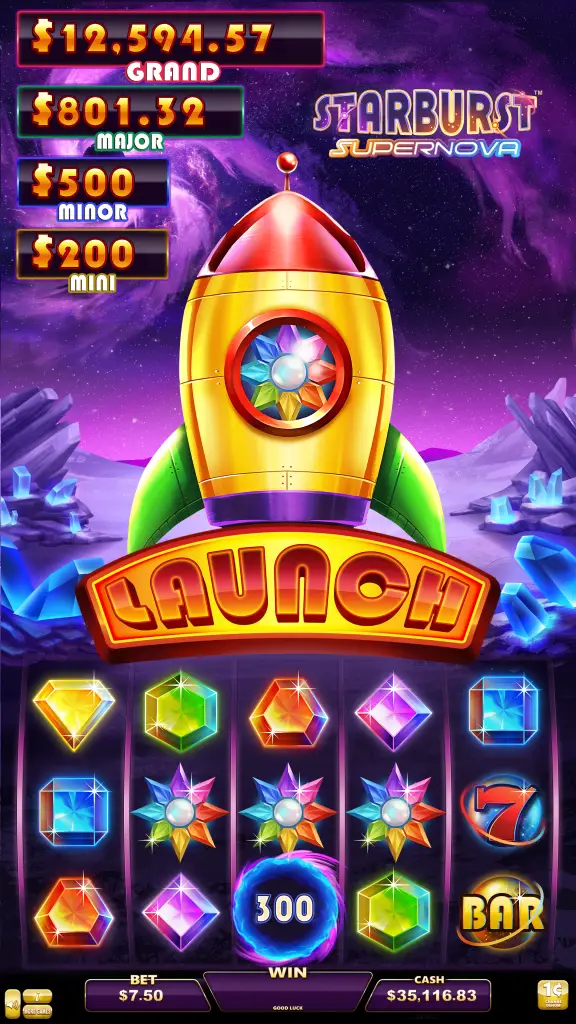 Colorful slot machine game screen with a rocket, gem symbols, and prize amounts ($12,591.57 Grand, $801.32 Major, $500 Minor, $200 Mini). The word LAUNCH is displayed below the rocket. Bet is $7.50, win is 300.